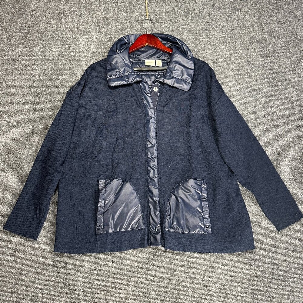 Chicos Zenergy Jacket Womens XL Blue Snap Up Knit Front Puffer Back Pockets